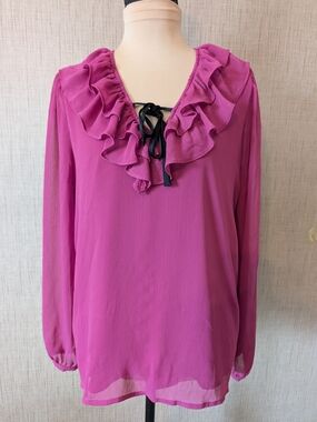 LOFT Ruffled V-Neck Tie Blouse - Magenta